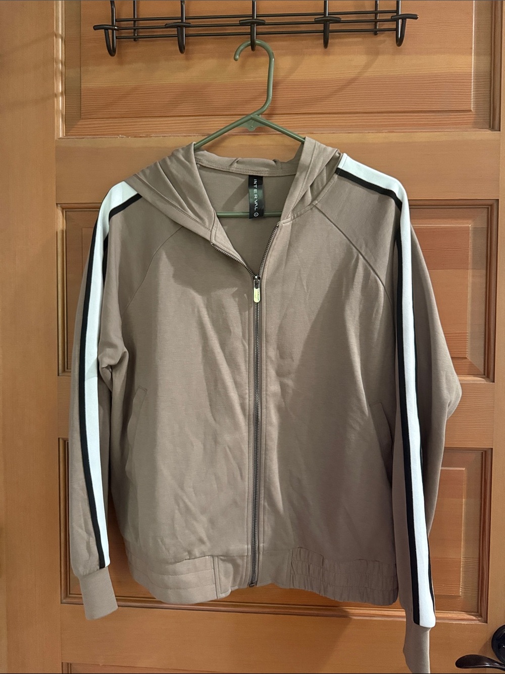 Interval Taupe Bomber Jacket/Hoodie with White & Black Sleeve Stripes